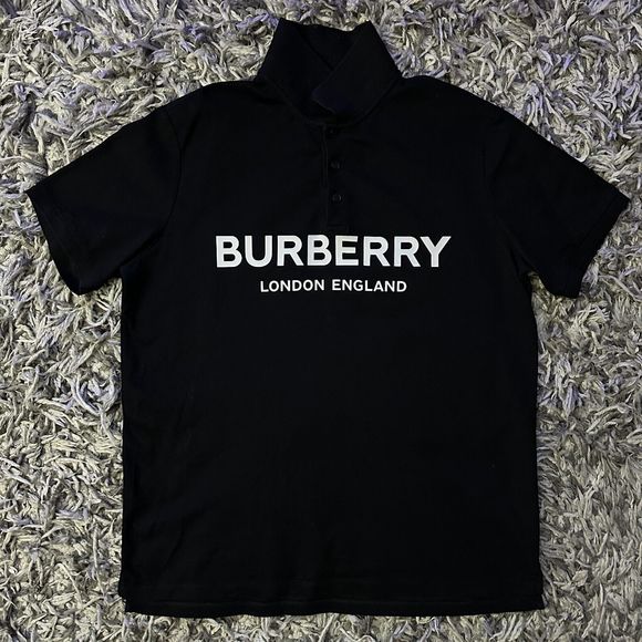 Large Burberry London England Polo Shirt Logo-Printed Black Overszied